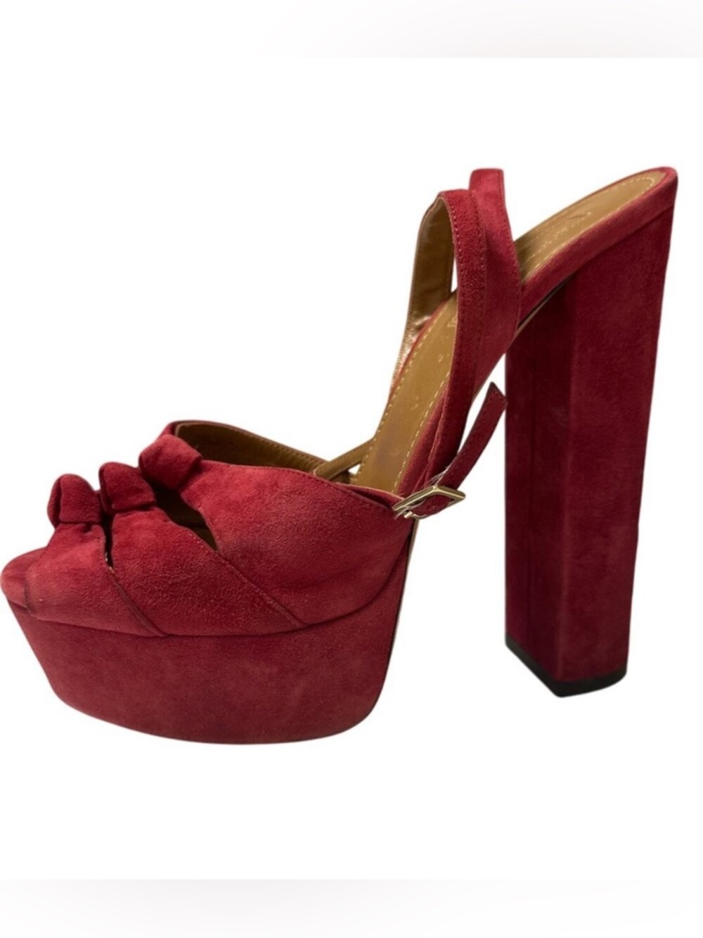 Aquazzura Mira Red Suede Platform Heels IT 37.5 US 7.5 Block Slingback Sandals
